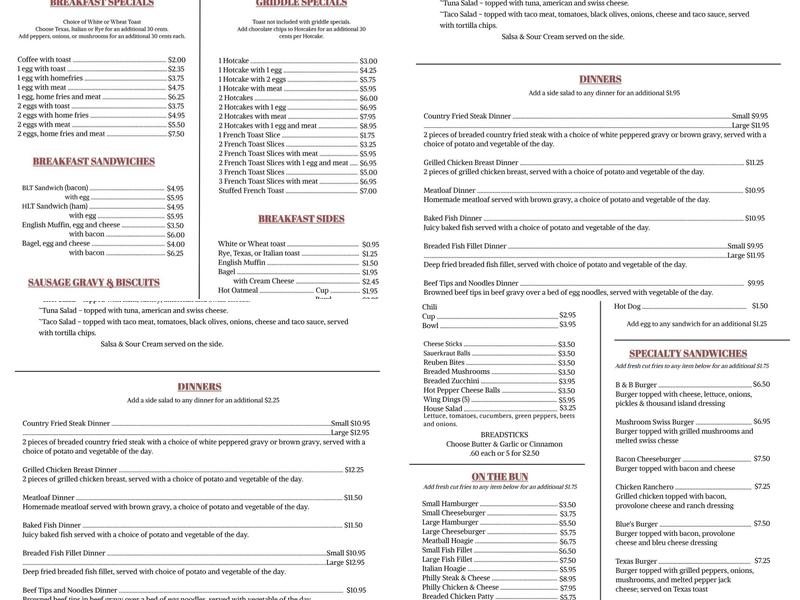 B & B Family Diner Menu