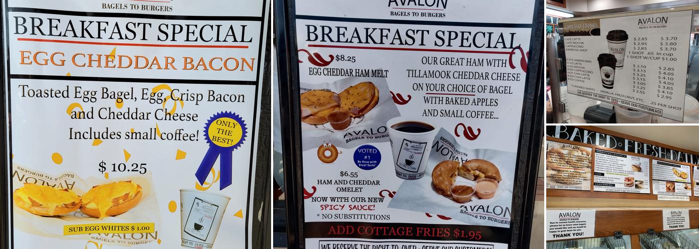 Avalon Bagels to Burgers Menu