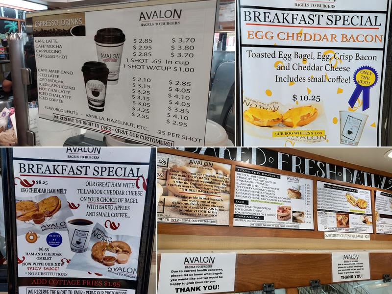 Avalon Bagels to Burgers Menu