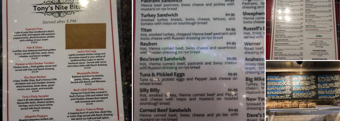 Tony’s Original Deli & Bottle Shop Menu
