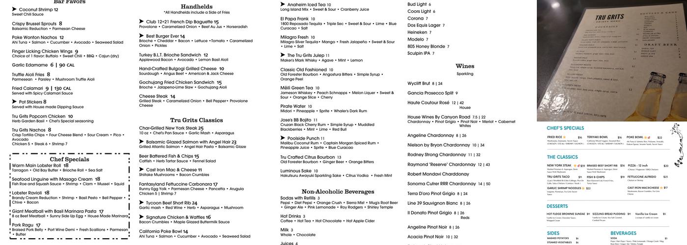 Tru Grits American Fusion Restaurant Menu