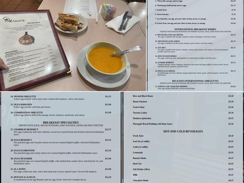 Felix Continental Cafe Menu