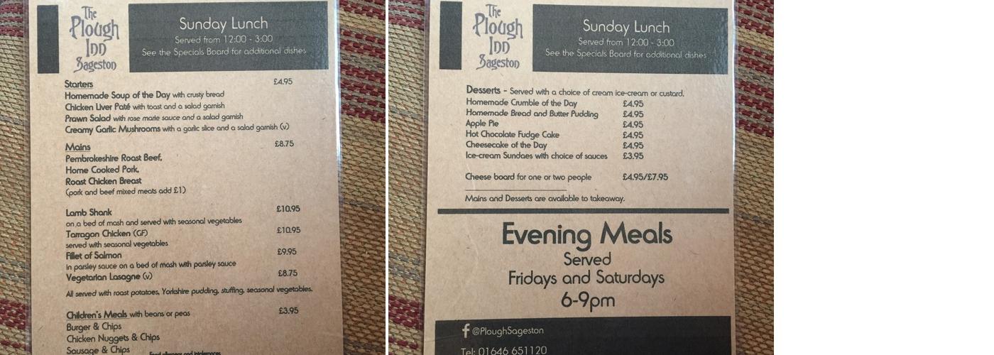 Plough Inn Sageston Menu