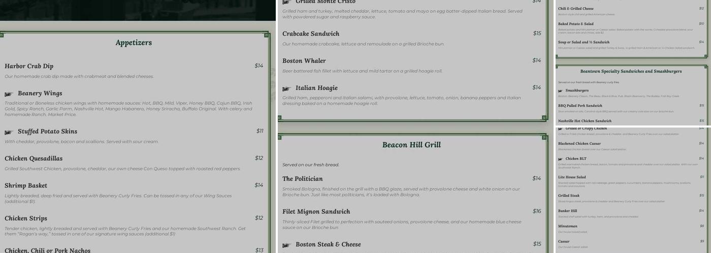 Boston Beanery Menu