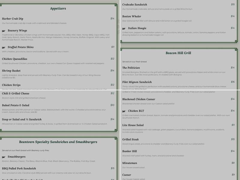 Boston Beanery Menu