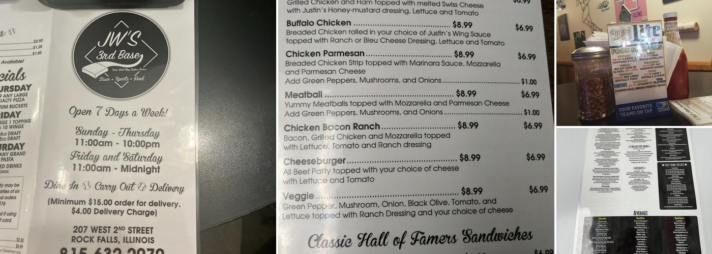 J W's 3rd Base Menu