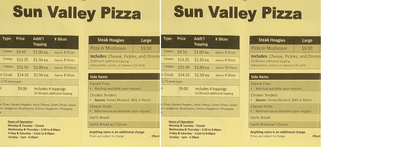 Sun Valley Pizza Menu