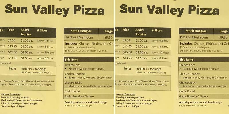 Sun Valley Pizza Menu
