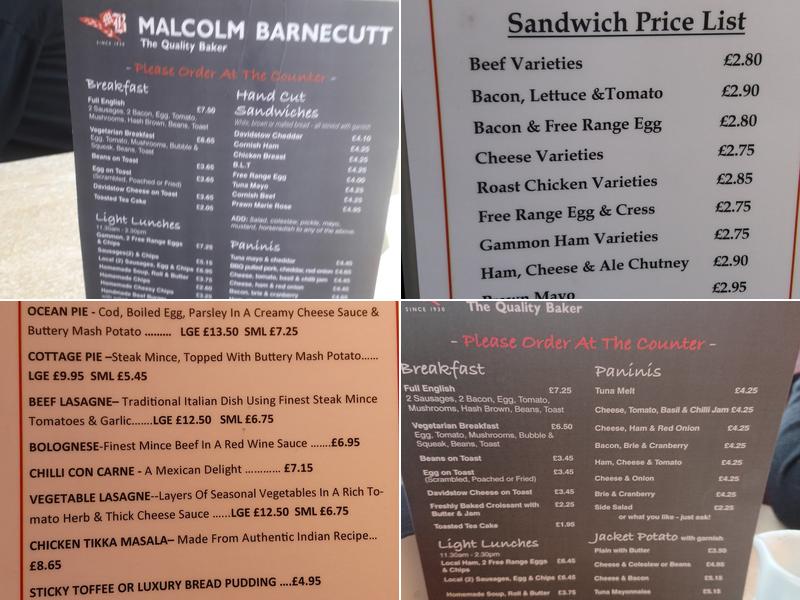 Malcolm Barnecutt Bakery Bodmin Lucknow Road Menu