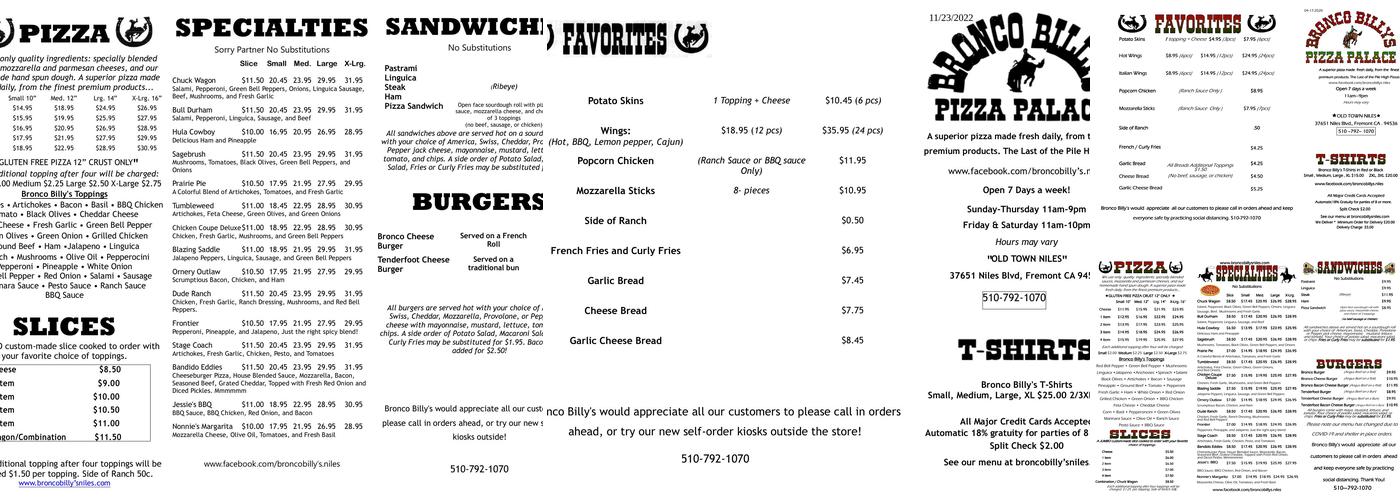 Bronco Billy's Pizza Palace Menu