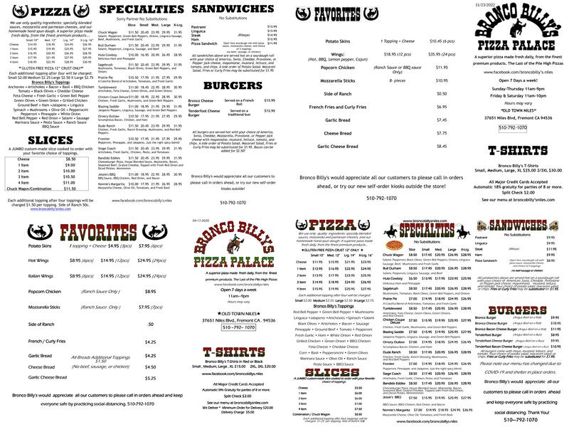 Bronco Billy's Pizza Palace Menu