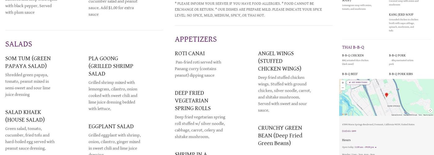 Sala Thai Restaurant Menu