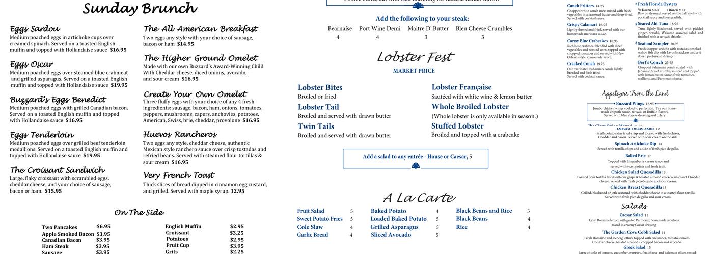 The Buzzard's Roost Menu