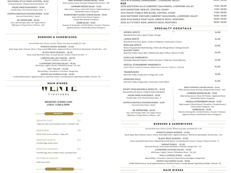 The Grill at Wente Vineyards Menu
