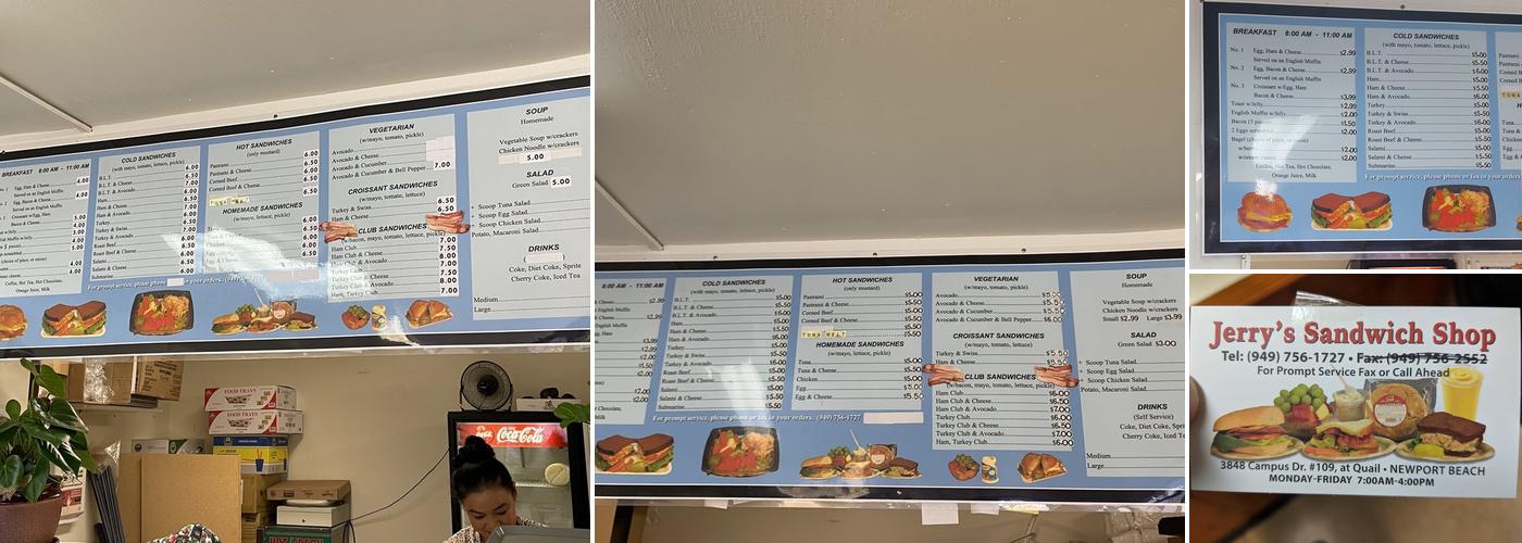 Jerry's Sandwich Shop Menu