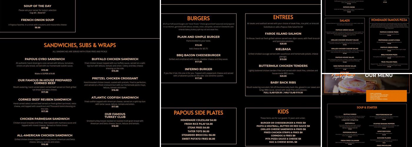 Papous Tap & Grille Menu