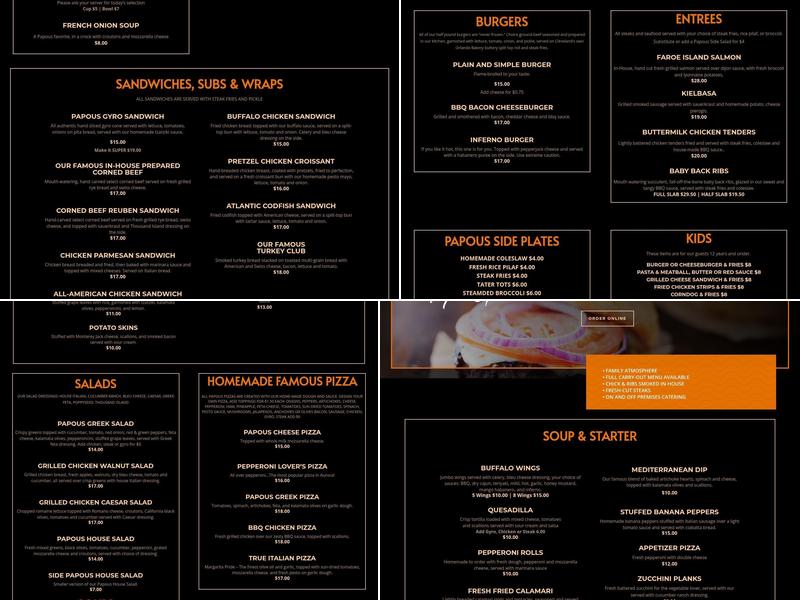 Papous Tap & Grille Menu