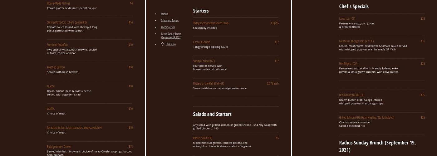 Radius Restaurant Menu