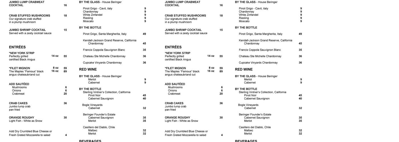 Maples Menu