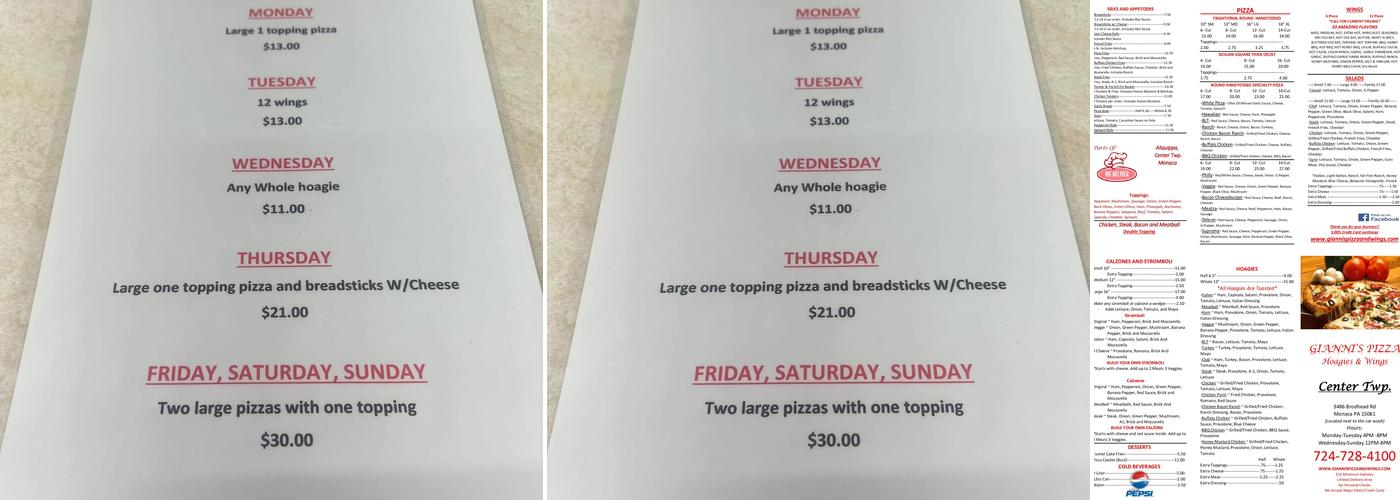 Gianni's Pizza - Center Twp. Menu
