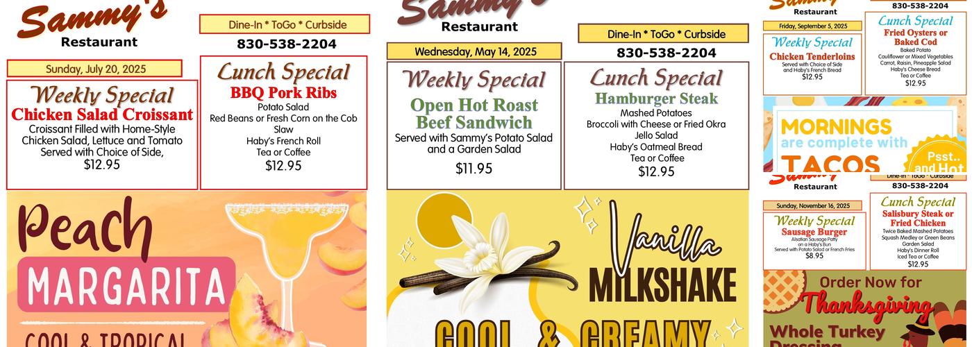 Sammy's Restaurant Menu