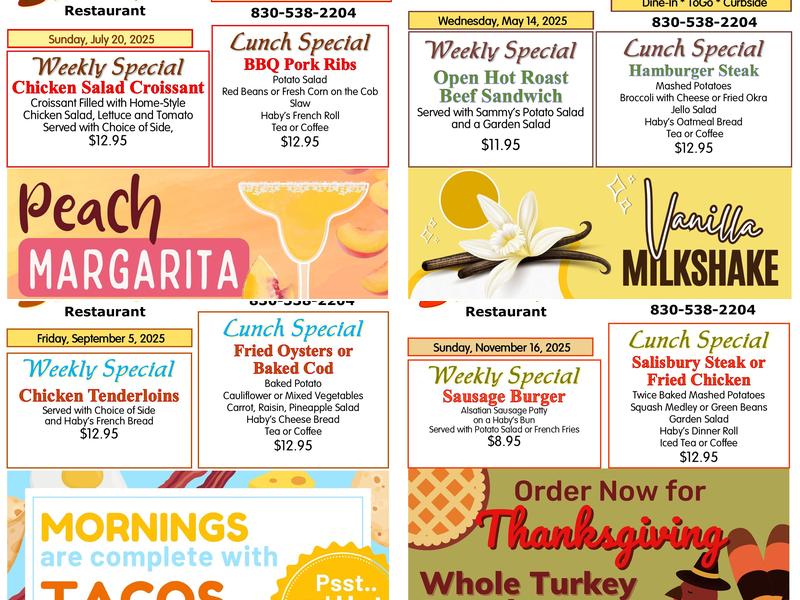 Sammy's Restaurant Menu