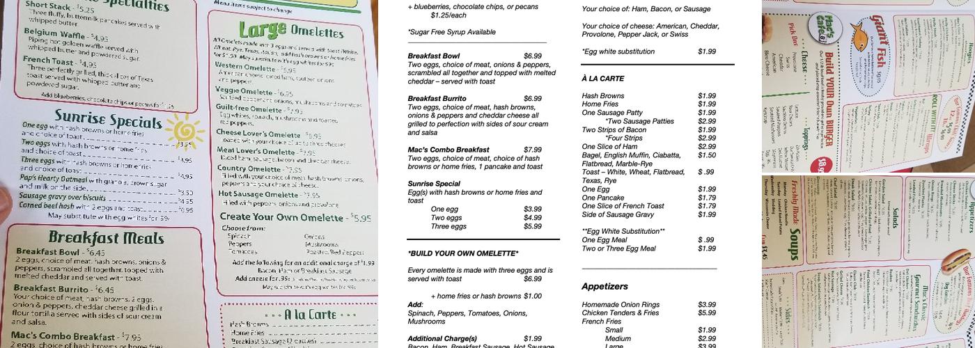 Mac's Route 8 Cafe Menu