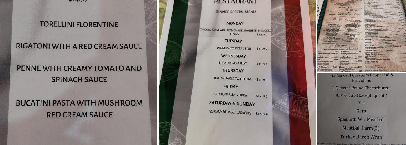 Anthony Jr's Restaurant & Pizzeria Menu