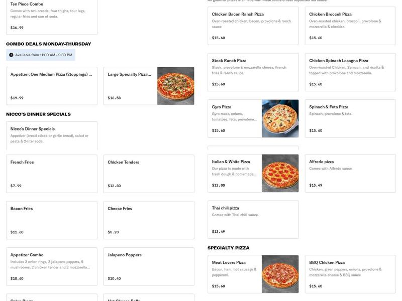 Nicco's Pizzaria Menu