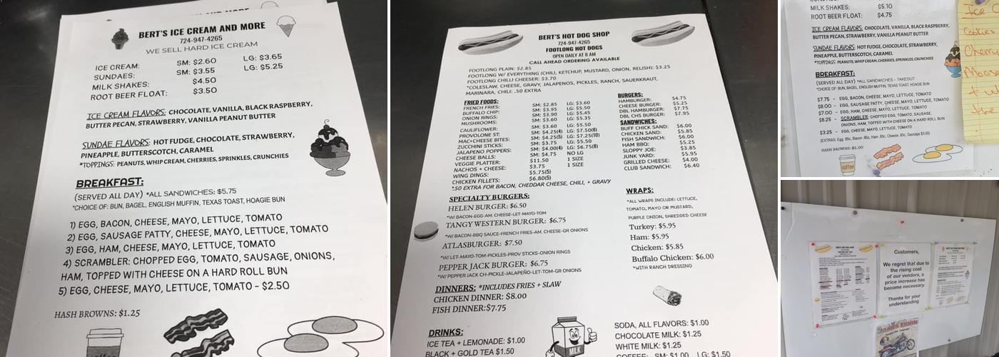 Bert's Hot Dog Shop Menu