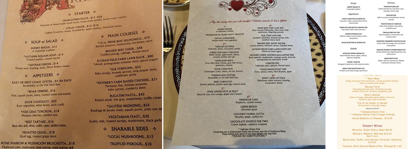 Hyeholde Restaurant Menu