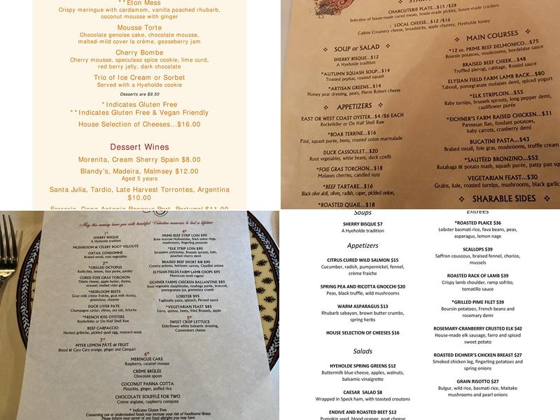 Hyeholde Restaurant Menu