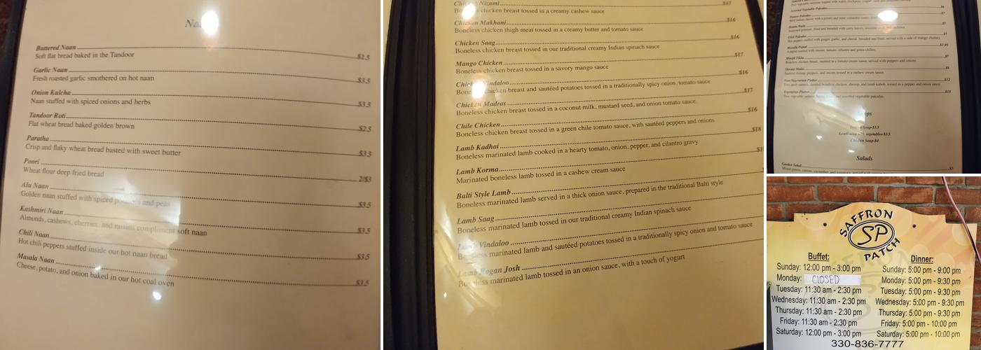 Saffron Patch in the Valley Menu