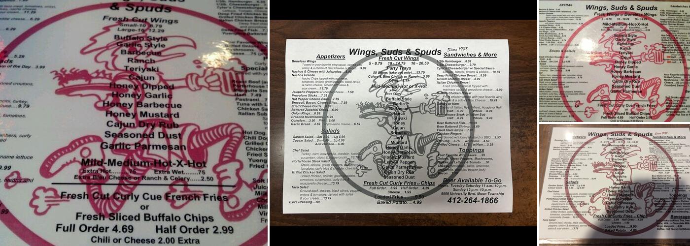 Wings Suds & Spuds Menu