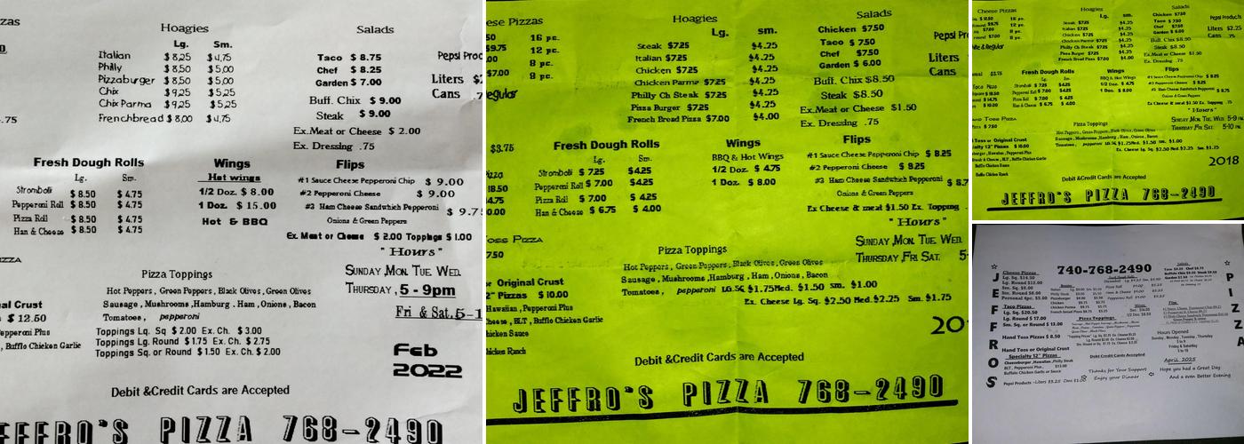 Jeffro's Pizza Menu