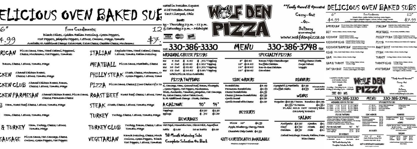 Wolf Den Pizza Menu