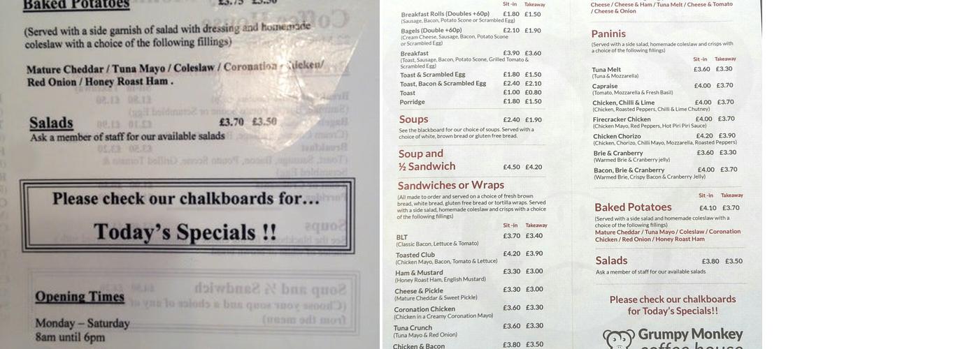 the grumpy monkey coffee house Menu
