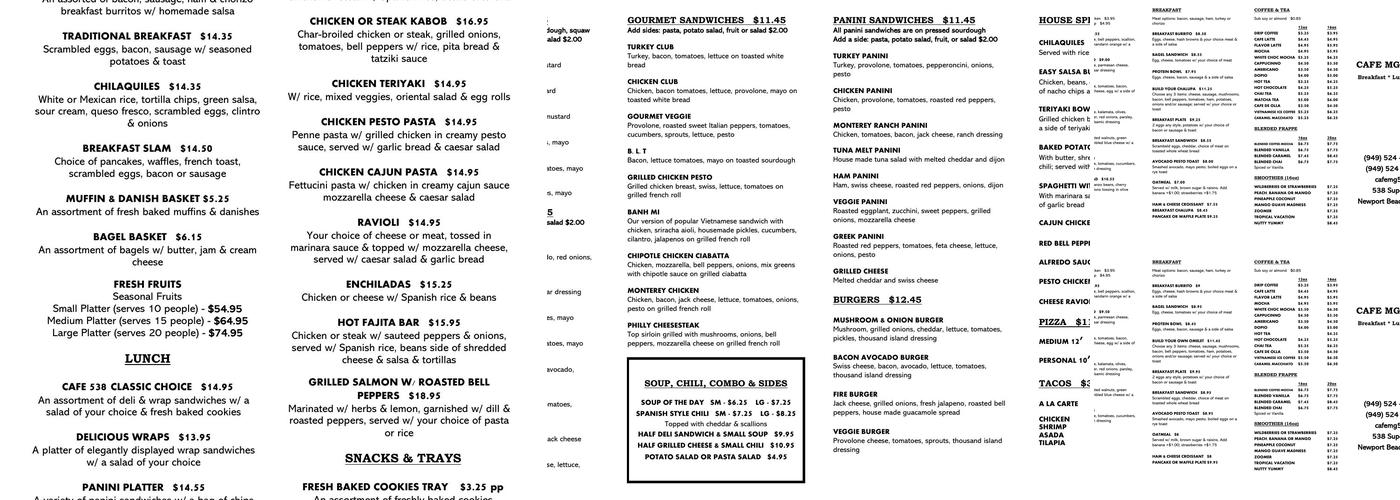 Cafe MG 538 Menu