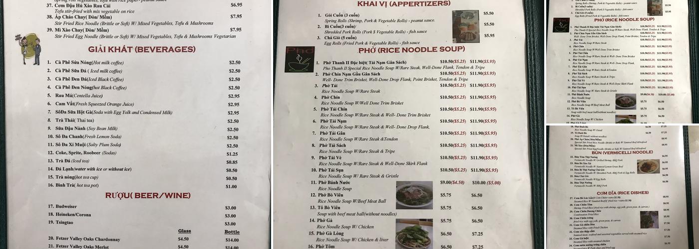 Pho Thanh Menu