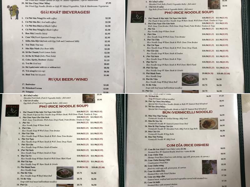 Pho Thanh Menu