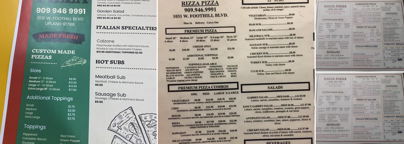 RIZZA PIZZA Menu
