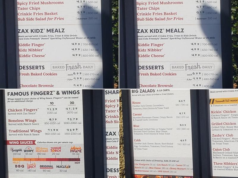 Zaxbys Chicken Fingers & Buffalo Wings Menu