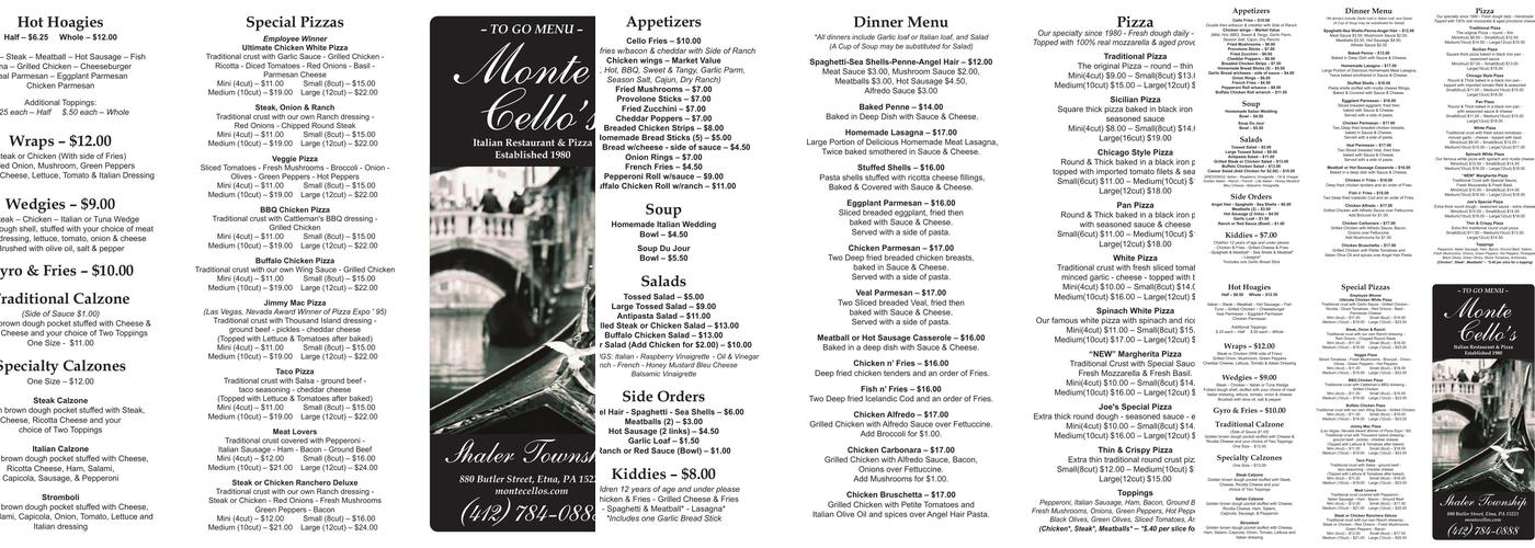 Monte Cello's Pizza Menu