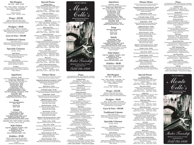 Monte Cello's Pizza Menu