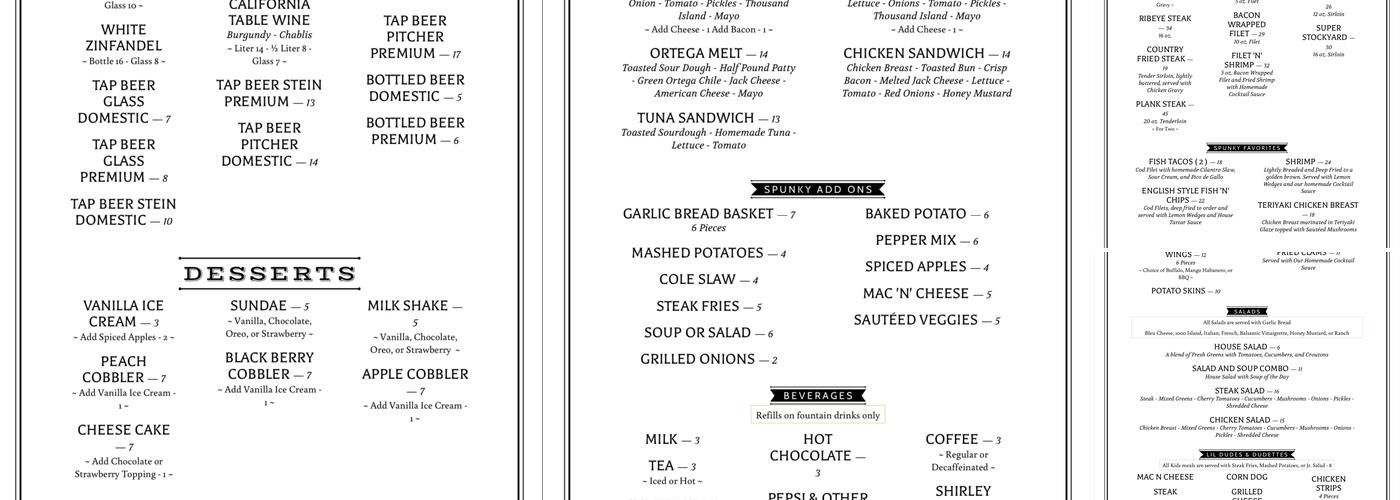 Tony's Spunky Steer Menu