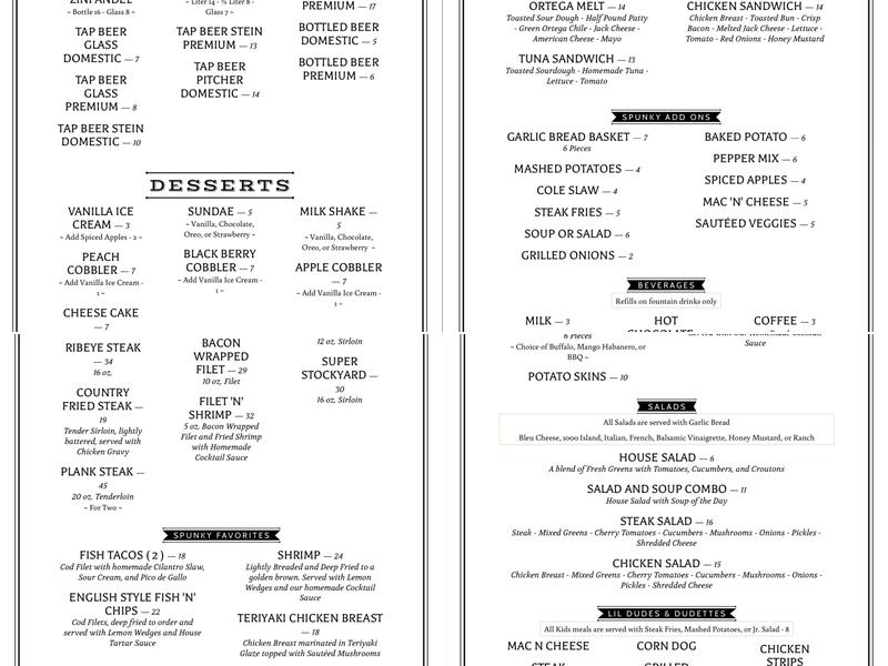 Tony's Spunky Steer Menu