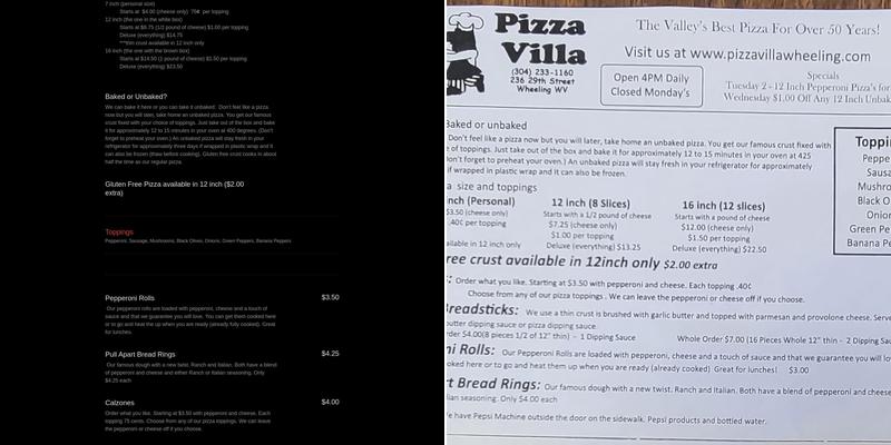 Pizza Villa Menu