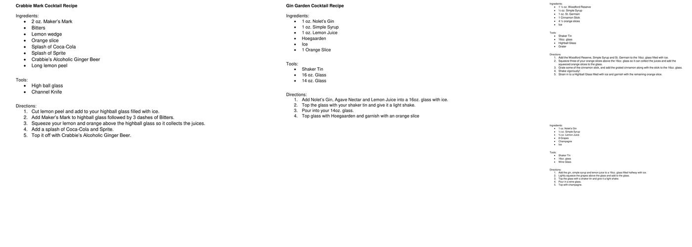 Tavern Restaurant Group Menu