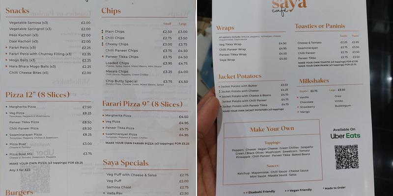 Saya Cafe Menu