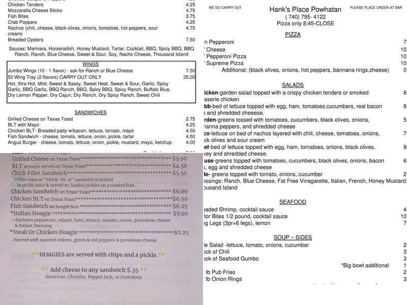 Hank's Place Bar & Grill Menu